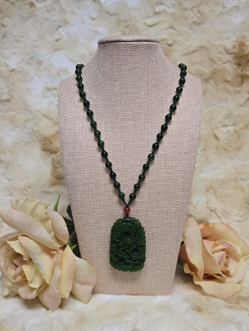 Faux Jade Dragon Pendant W/ Nephrite Jade Beaded Necklace - Picture 12 of 12